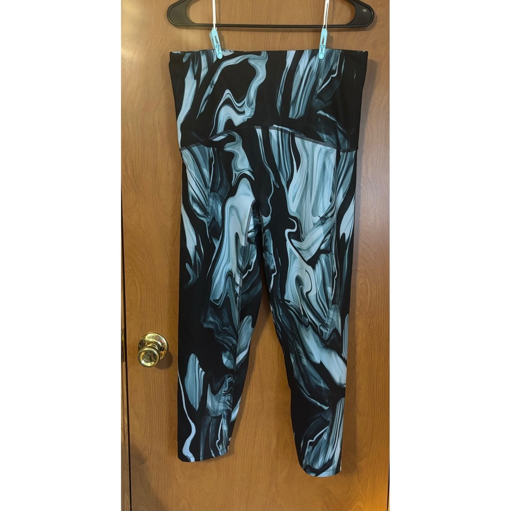 Spanx Women's High Rise Cropped Leggings Black Blue Marble Swirl Print Yoga-1x